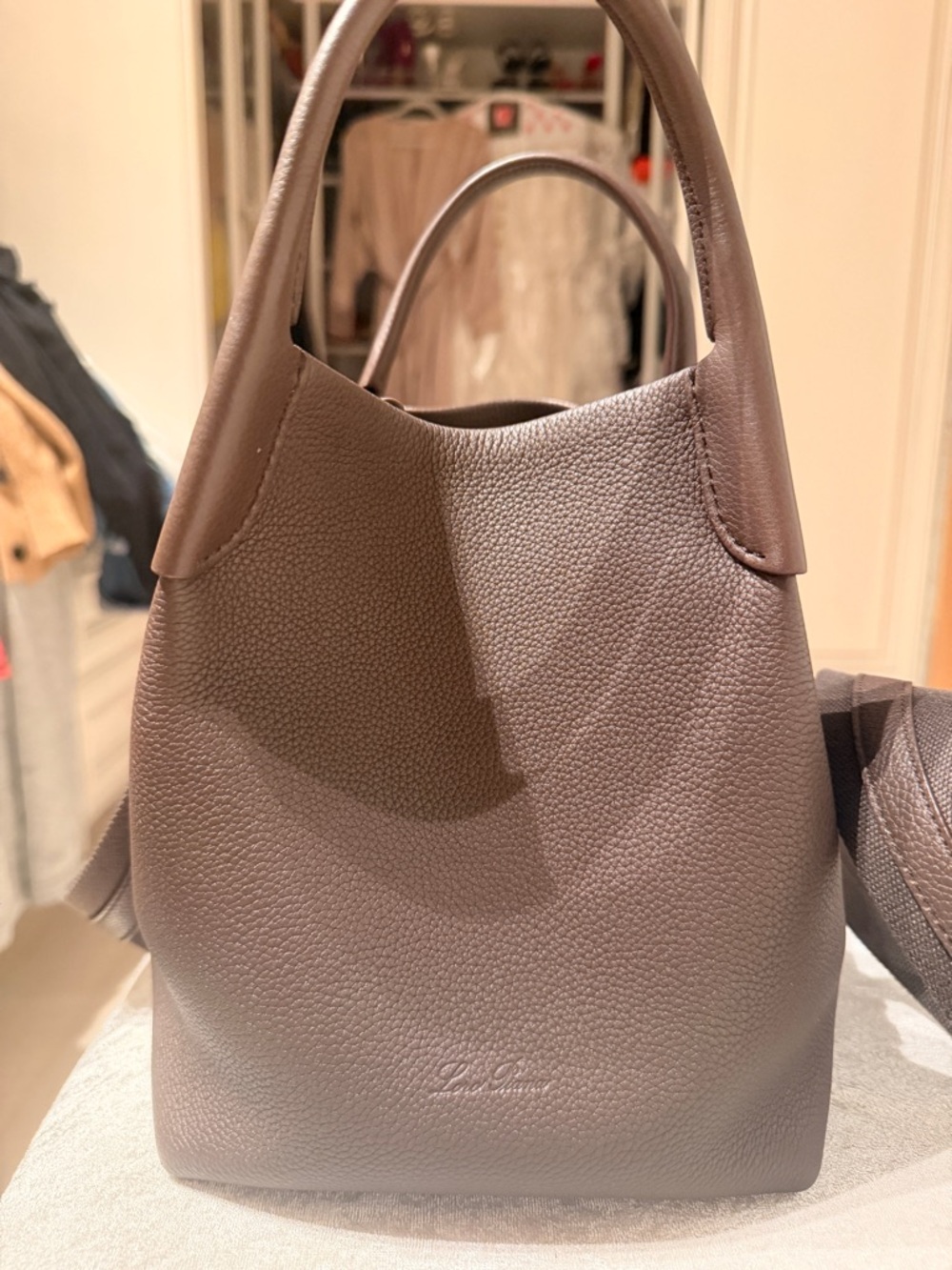 Loro Piana Dark Brown Small Bale Calf Leather Tote/Crossbody detachable wallet